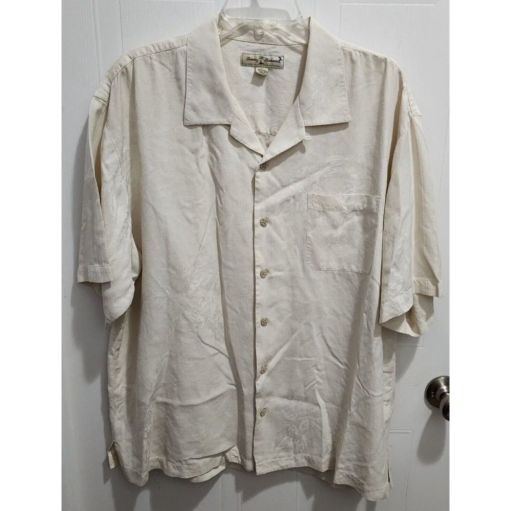 Tommy Bahama Pure Silk Solid White Textured Floral Hawaiian Camp‎ Shirt Size XL